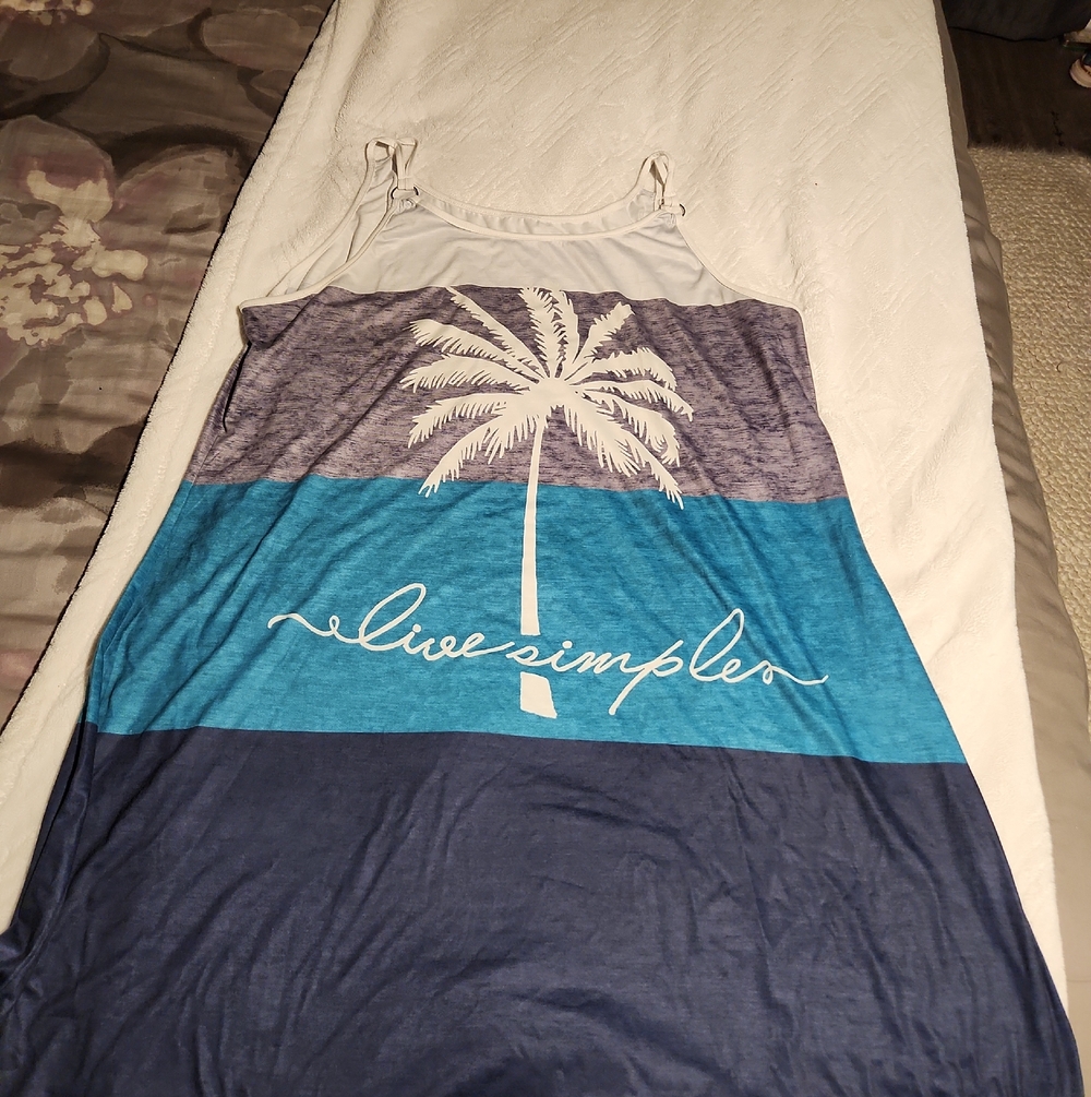 Live Simple Palm Tree Striped Tank Dress - Blue & White